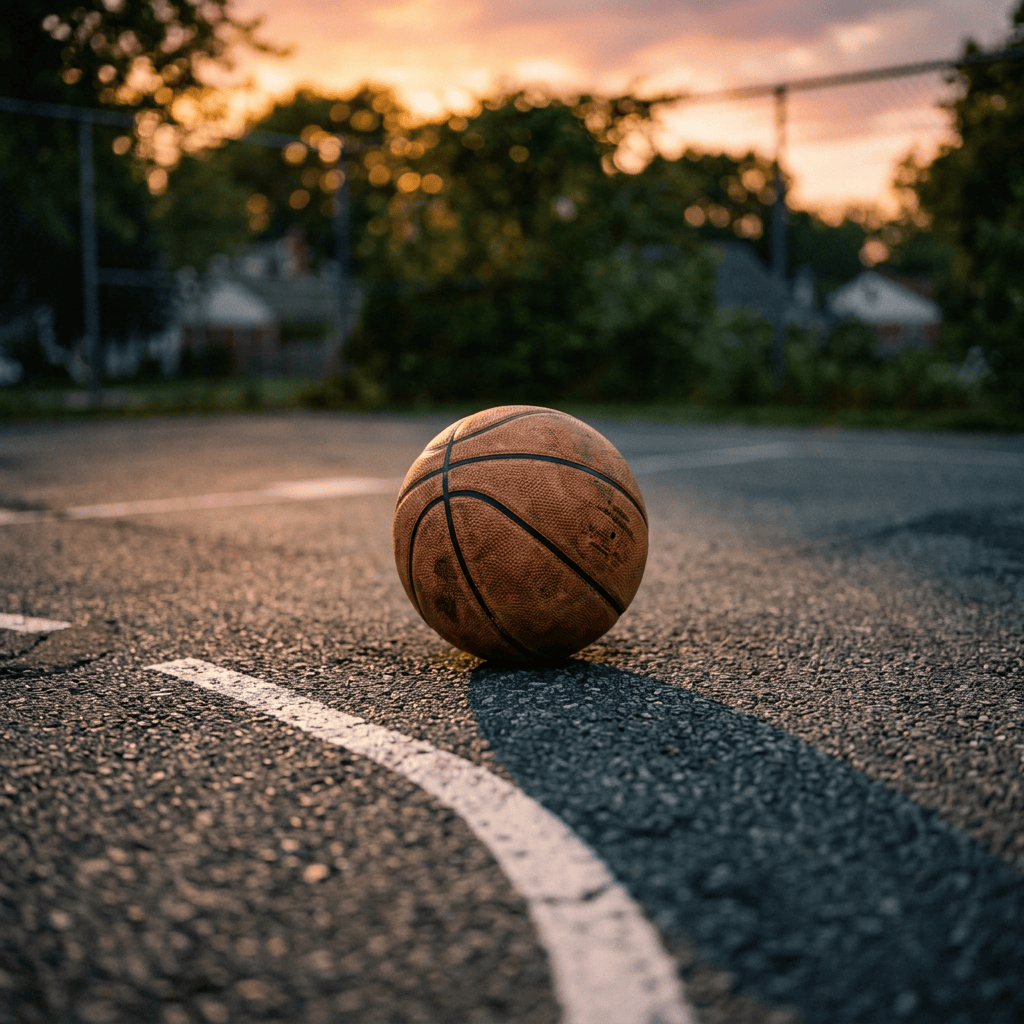 Basketball resting on an empty outdoor court at sunset